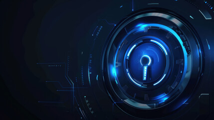Poster - futuristic digital lock symbol with blue glowing elements on dark background, representing security and technology