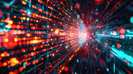 Poster - vibrant digital abstract background with glowing particles and lines, creating sense of depth and movement. colors include red, blue, and white, evoking futuristic atmosphere