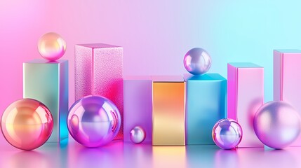 Poster - Minimalist 3D abstract forms with soft gradients and metallic reflections, copy space