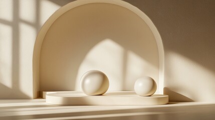 Fototapete - Minimalist 3D geometric art with smooth surfaces and soft lighting, copy space