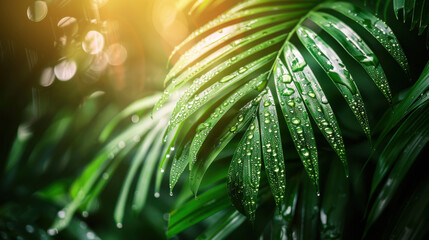 Wall Mural - Lush green palm leaves with water droplets glistening in sunlight create serene and refreshing atmosphere. vibrant foliage showcases nature beauty and tranquility