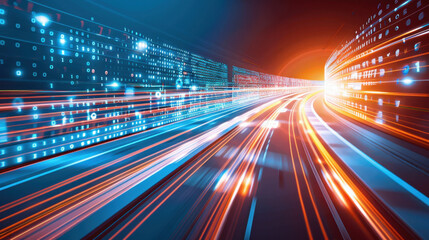 Poster - Abstract digital background with glowing lines and binary code, representing speed and technology. vibrant colors create sense of motion and innovation