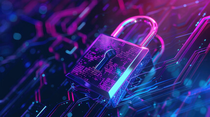 Poster - digital padlock circuit board background symbolizes cybersecurity and data protection. vibrant colors and glowing effects create futuristic atmosphere, emphasizing importance of security digital