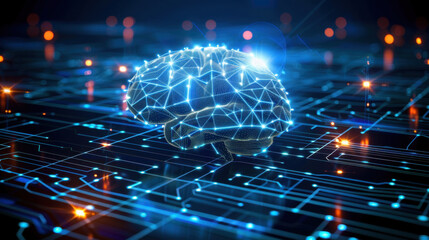 Poster - digital representation of brain with glowing connections, symbolizing artificial intelligence and technology. background features circuit board design