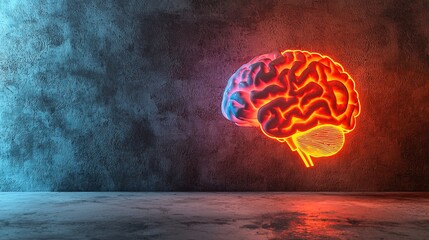 Poster - Modern artistic brain sculpture with neon details, representing innovation. Copy space.