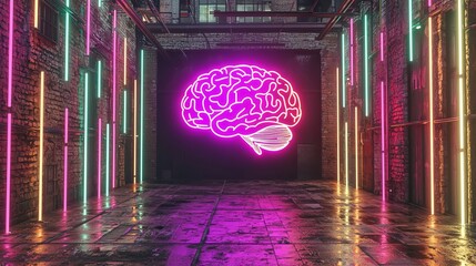 Poster - Modern artistic brain sculpture with neon details, representing innovation. Copy space.