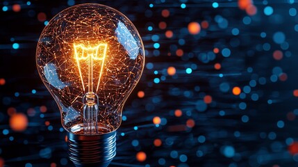 Poster - Modern tech-inspired light bulb with floating digital elements. Copy space.