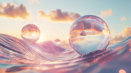 Fototapete - Surreal 3D dreamscape with floating objects and ethereal lighting, copy space