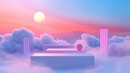 Fototapete - Surreal 3D dreamscape with floating objects and ethereal lighting, copy space