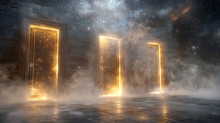 Poster - Surreal 3D floating doors in a cosmic dreamscape with soft mist, copy space