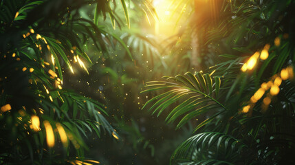 Wall Mural - Lush green foliage illuminated by sunlight creates serene jungle atmosphere, with soft particles floating in air, evoking sense of tranquility and natural beauty