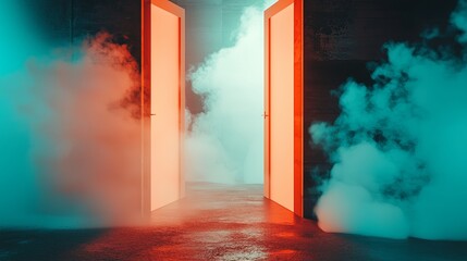 Poster - Surreal 3D floating doors in a cosmic dreamscape with soft mist, copy space