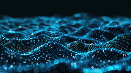 Poster - Abstract digital waves with glowing blue particles creating mesmerizing visual effect, representing technology and innovation in futuristic landscape