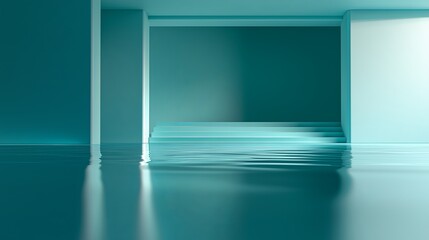 Poster - Surreal 3D scene of floating staircases leading to glowing portals, copy space