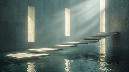 Poster - Surreal 3D scene of floating staircases leading to glowing portals, copy space