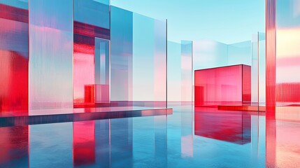 Fototapete - Surreal 3D space with floating glass panels reflecting neon lights, copy space