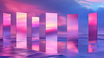 Fototapete - Surreal 3D space with floating glass panels reflecting neon lights, copy space