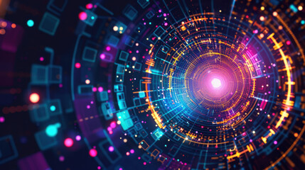 Poster - Vibrant digital abstract design with colorful circular patterns and glowing lights, creating sense of depth and movement