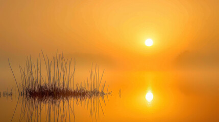 Wall Mural - serene sunrise over misty lake, with golden hues reflecting on water and silhouettes of reeds in foreground, creating tranquil atmosphere