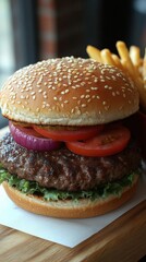 Poster - Closeup Gourmet Beef Burger With Toppings And Fries