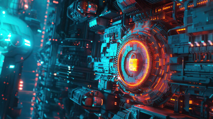 Poster - futuristic digital lock surrounded by intricate circuitry and glowing lights, symbolizing advanced technology and security in cyber environment
