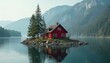 © miss irine - Red house on island in lake surrounded by mountains. Forest and coniferous trees grow on coast. Calm water reflects building. Nature background scenic landscape banner wallpaper photo.