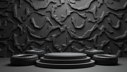 Aufkleber - Tire podium on black patterned background. Car wheels showcase auto product. Empty stage for displaying auto service goods. 3d modern design template. Brutal minimalistic advertising background.
