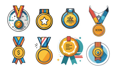 Poster - Icons sets collection of different medal designs, each with unique colors and symbols such as stars, dollar signs, and ribbons, representing various achievements and awards, on a white background