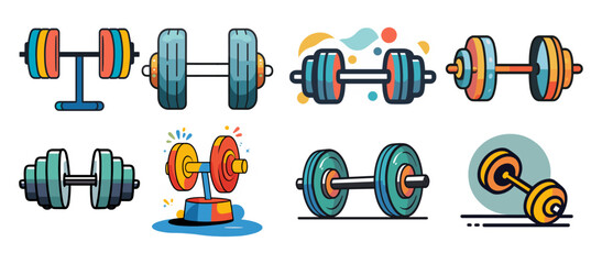 Poster - Icons sets collection of colorful illustrations of different types of dumbbells and barbells, each with unique designs and vibrant colors, highlighting various styles of weightlifting equipment.