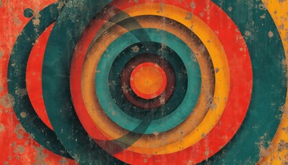 Poster - Abstract colorful retro concentric circles print, radiating psychedelic essence. Grunge circles, orange, red, green shades for posters, covers, backgrounds. Minimalist geometric design, circle