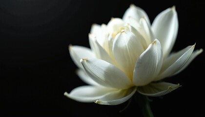 Aufkleber - Close-up of delicate white lotus flower. Dramatic lighting highlights graceful form, subtle texture petals against black backdrop, elegance, serenity, purity and simplicity. Nature macro photo.