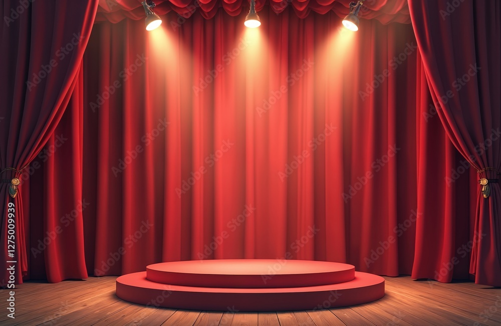 Vibrant 3D render of circus stage podium with classic red show curtain ...