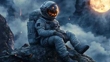 Wall Mural - cosmic contemplation: an astronaut, clad in a spacesuit, rests on a rugged, rocky terrain beneath a 