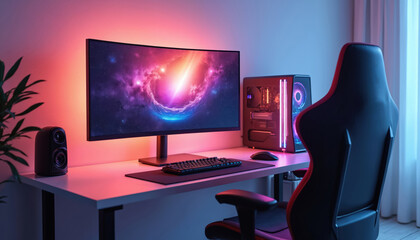 Aufkleber - Modern gaming setup. High end gaming computer with RGB lights. Gamer room interior with curved screen, keyboard, mouse on table. Neon lights. Cyberspace design for streamer, e-sports tournament.