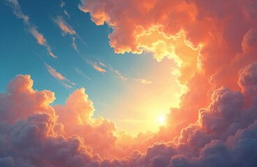 Poster - Illustration of dramatic swirling clouds in vibrant sky at sunset. Burning sunlight with smoke, fire, heat. Colorful nature background with orange, red, yellow colours, dynamic sky. Abstract design