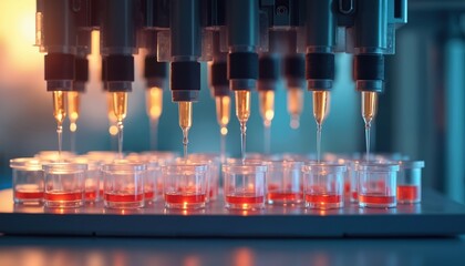 Poster - Automated robotic system dispensing red liquid into vials. Biomedical illustration of innovative treatments cutting edge biotechnology. Diagnostic medical lab equipment, pharmaceutical engineering,