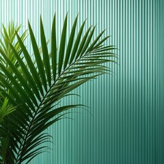 Aufkleber - Palm branch against reeded glass background. Vertical stripes pattern, clean modern look. Luxury summer decor with minimalist style. Sunny tropical plant with vibrant green leaves, turquoise color.