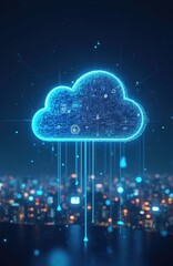 Aufkleber - Illustration of futuristic cloud computing concept with glowing data connections on dark blue background. Cloud built from circuit micro schemes, microchips. Innovative tech solutions, digital