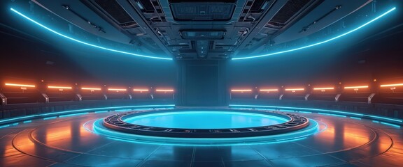 Poster - Illustration of futuristic sport arena with geometric shapes, glowing blue highlights, orange accent lights. Modern background for sci-fi, esports, video games presentation. Urban space station for