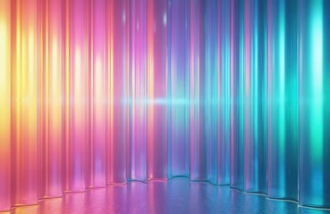 Poster - Holographic background illustration of reeded glass. Ribbed geometric pattern with neon and light effect. Futuristic concept. Colored iridescent glass panel sheet with blurred gradient stripes.