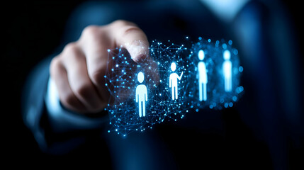 Poster - A business professional interacting with digital human icons, symbolizing networking and modern communication technology.