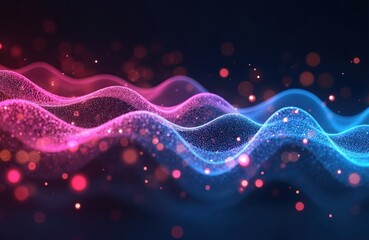 Poster - Abstract futuristic background with pink, blue glowing neon waves. High speed data transfer concept. Fantastic wallpaper design. Modern cyber space science fiction high tech innovation. Flowing