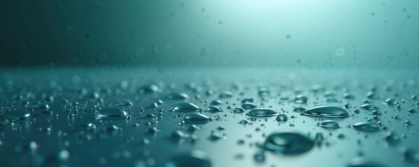 Poster - Macro shot of water droplets on surface against cyan background. Raindrops, condensation spots on glass or plastic. Clean water drops with light reflection, clear texture, fresh dew bubble pattern.