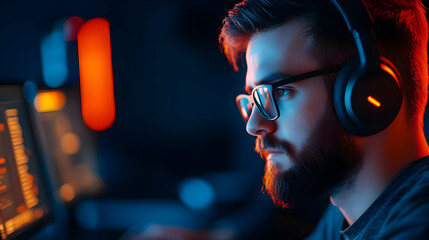 Poster - A focused young man wearing headphones, immersed in coding on his computer in a dimly lit environment with neon lighting.