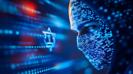 Poster - A futuristic digital portrait showcasing a human face composed of binary code, symbolizing advanced technology and artificial intelligence.