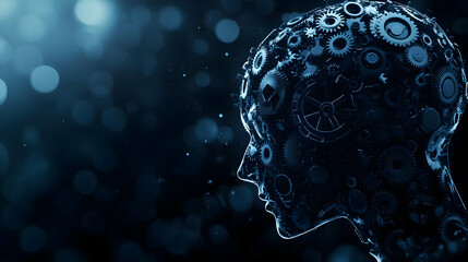 Poster - A futuristic representation of artificial intelligence, showcasing a human-like head with intricate mechanical gears against a dark background.