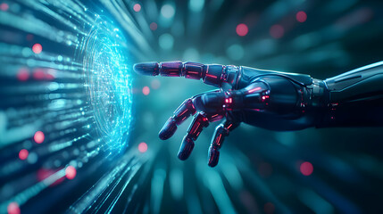 Poster - A futuristic robot hand reaching out to a glowing digital interface in a captivating display of innovation and connection.