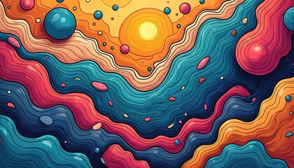 Fototapete - Vibrant doodle illustration featuring abstract shapes, fluid lines. Colourful pattern evokes dynamic, energetic mood. Playful, whimsical design, perfect for eye-catching backgrounds, wallpapers,