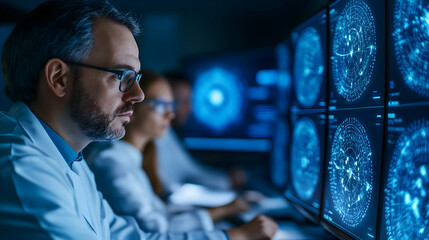 Poster - A scientist analyzing complex data on multiple screens, showcasing advanced technology in a research environment.