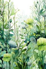 Fototapete - Digital nature hand draw art green herbs and flowers graphic poster background